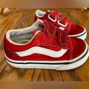 Red suede and canvas VANS for toddler. Size 5.5. Gently worn, really good shoe.